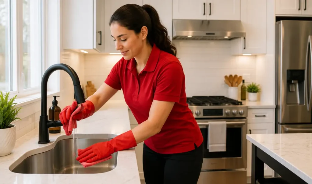 Professional cleaner polishing a kitchen sink and faucet during a home cleaning service in Guelph